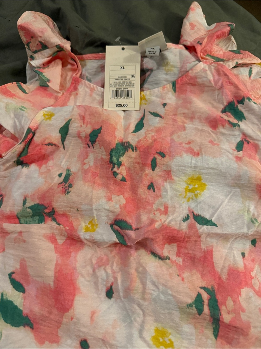 a new day Coral & Green Watercolor Floral Ruffle Top